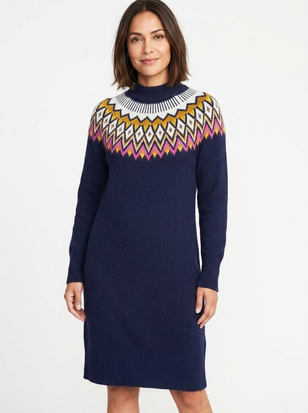 Old Navy Blue Fair Isle Mock Neck Long Sleeve Sweater Dress Women Size M